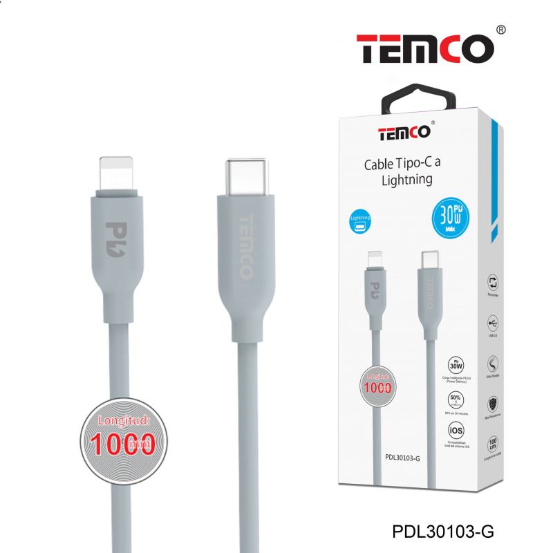Cable 3A 1m Tipo C a Lightning PD30W Gris