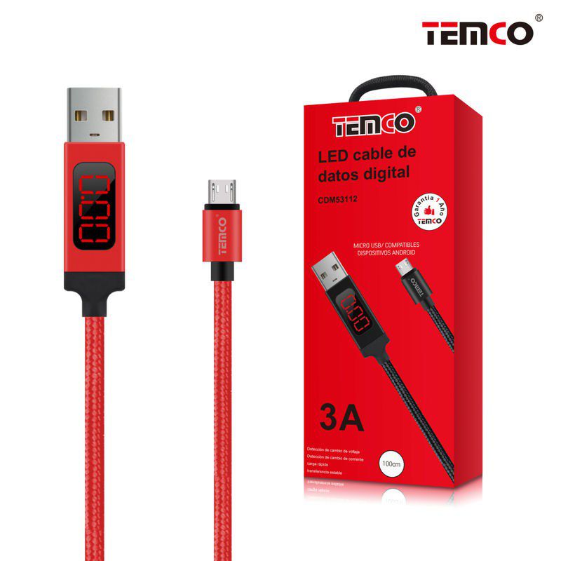Cable Digital LED 3A 1m Micro USB 5P Rojo